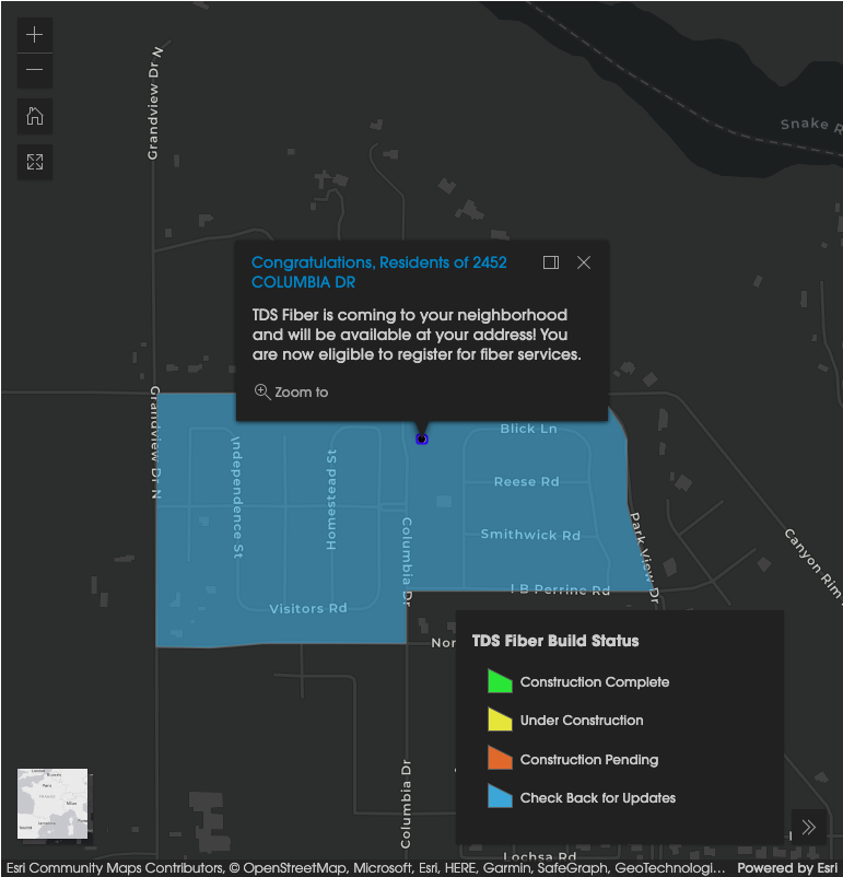 The GIS map from TDS Fiber in dark mode