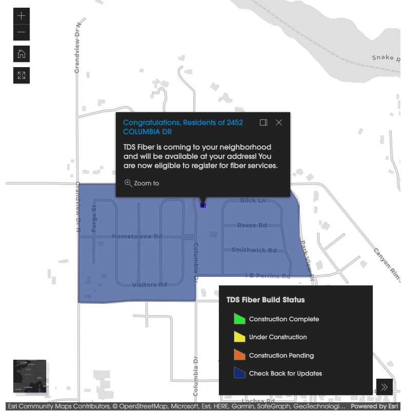 The GIS map from TDS Fiber in light mode