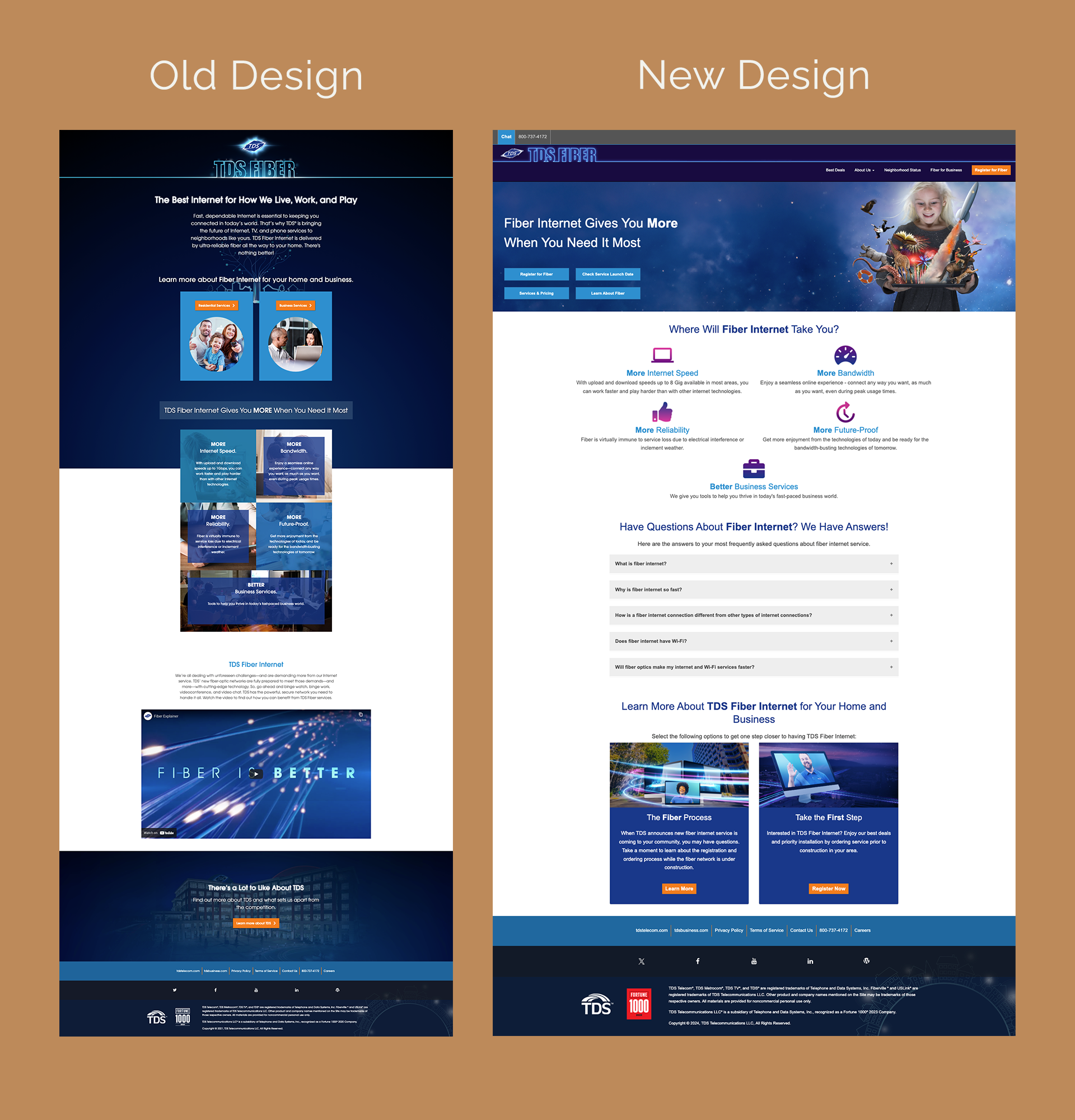 Before and after designs of the TDS Fiber Homepage